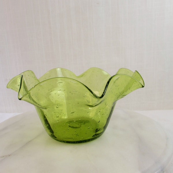 Mid Century Blenko ruffled Edge Bowl Bubble glass Olive Green