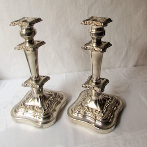 Tall Pair Candlesticks English Hallmark Ornate Silverplate Antique Decorative Candleholders