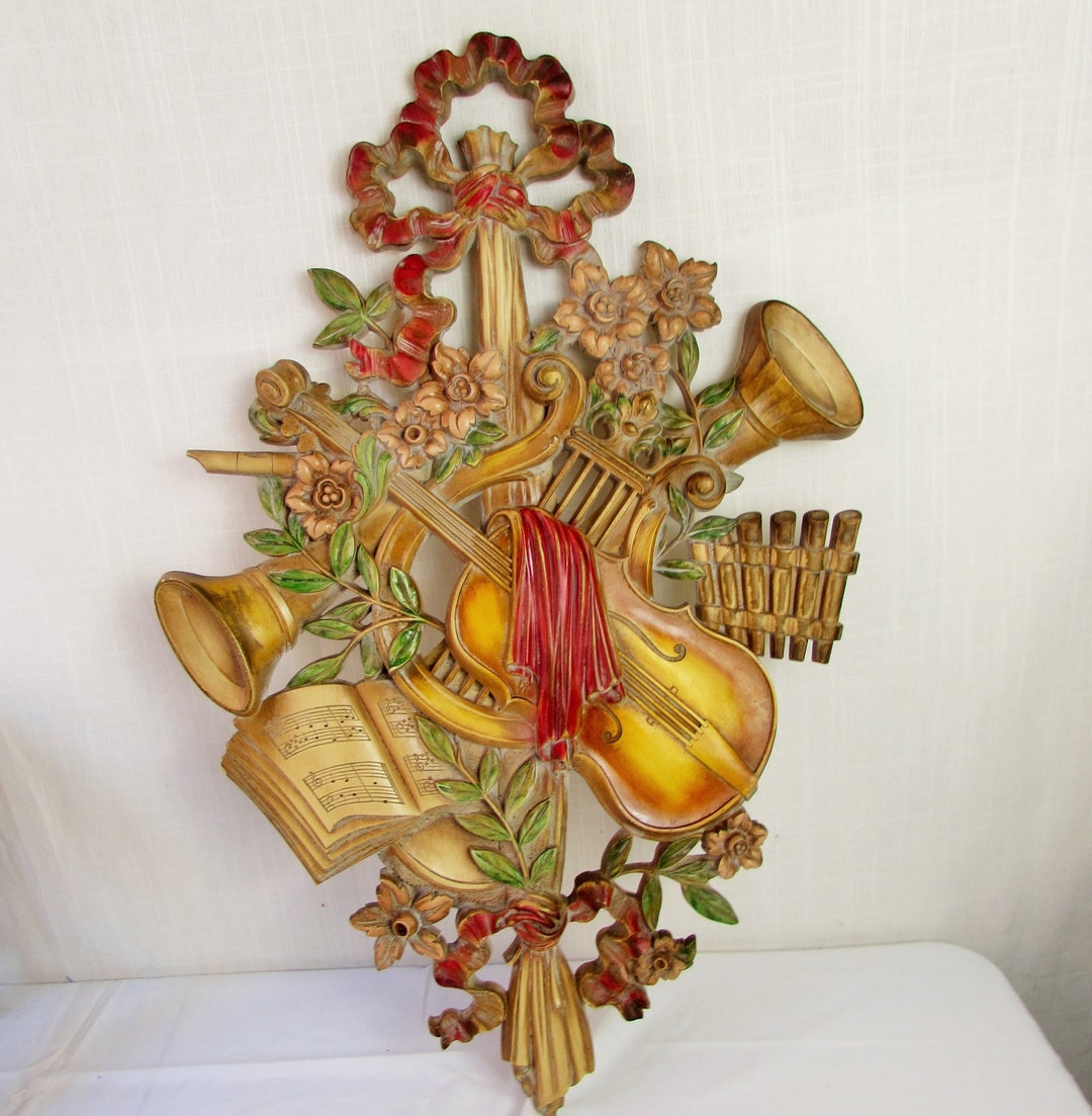 1960s Syroco Wall Hanging MUSICAL INSTRUMENTS Horn Violin Music Book