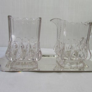 LARGE Creamer & Sugar with silverplate tray hold 1 1/2 cups each  vintage set scalloped edges heavy glass