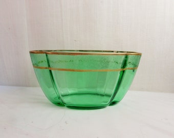 GREEN FOSTORIA GLASS Bowl/Vase  Depression Glass Gold trim