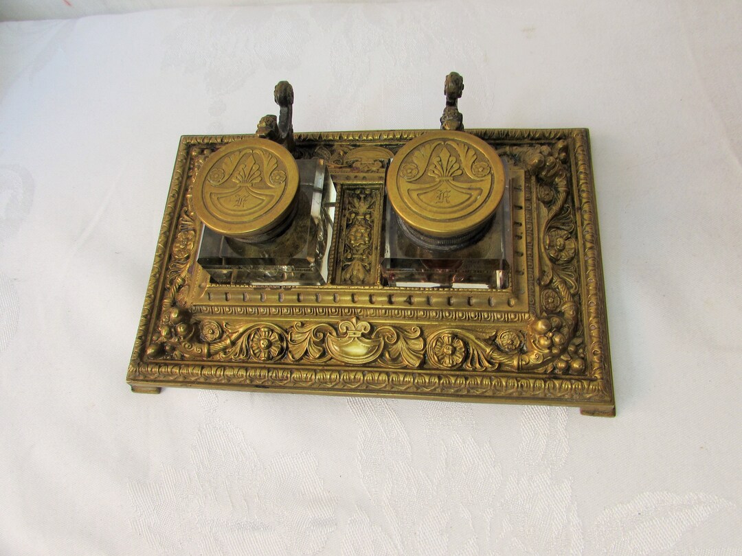 ANTIQUE DOUBLE INKWELL Art Nouveau Victorian - Etsy