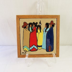 Tile Trivet made in Italy traditional  Peruvian people wood frame signed MJ Coaster