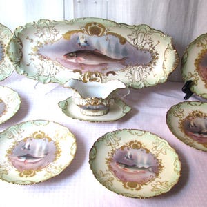 Limoges Fish Platter 6 Plates 1 Gravy Boat and underliner Hand Painted