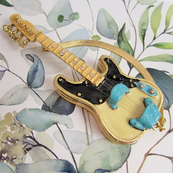 Small Guitar box Enamel over metal  PILL BOX  electric guitar with gold strap made by A WORK of Art
