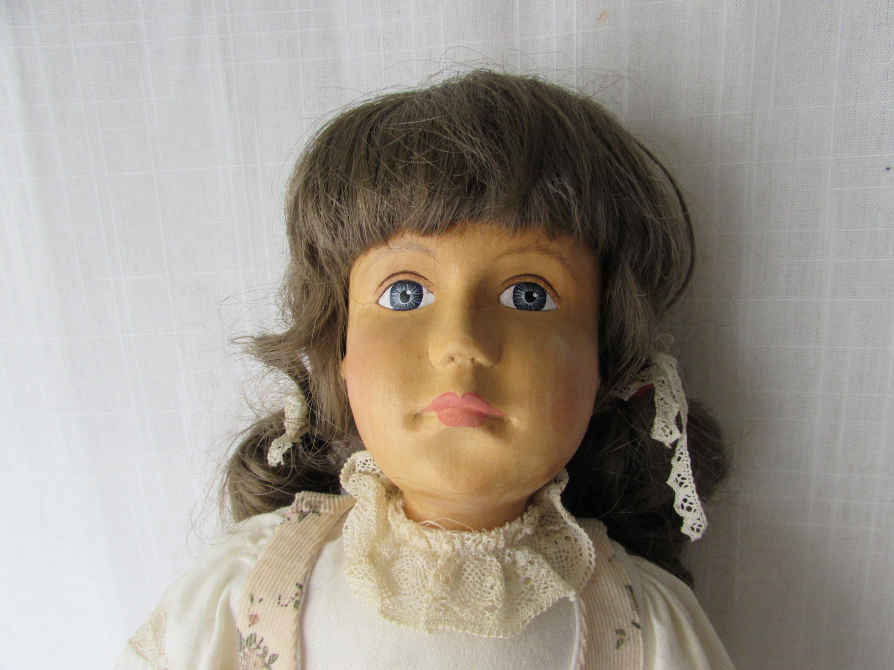 DOLL 1987 ZASAN Wood Face Ponytails Little Girl Holding Her Bunny