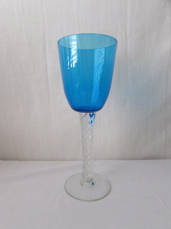 TALL TURQUOISE VASE Glass Hand Blown stem Mid Century decor