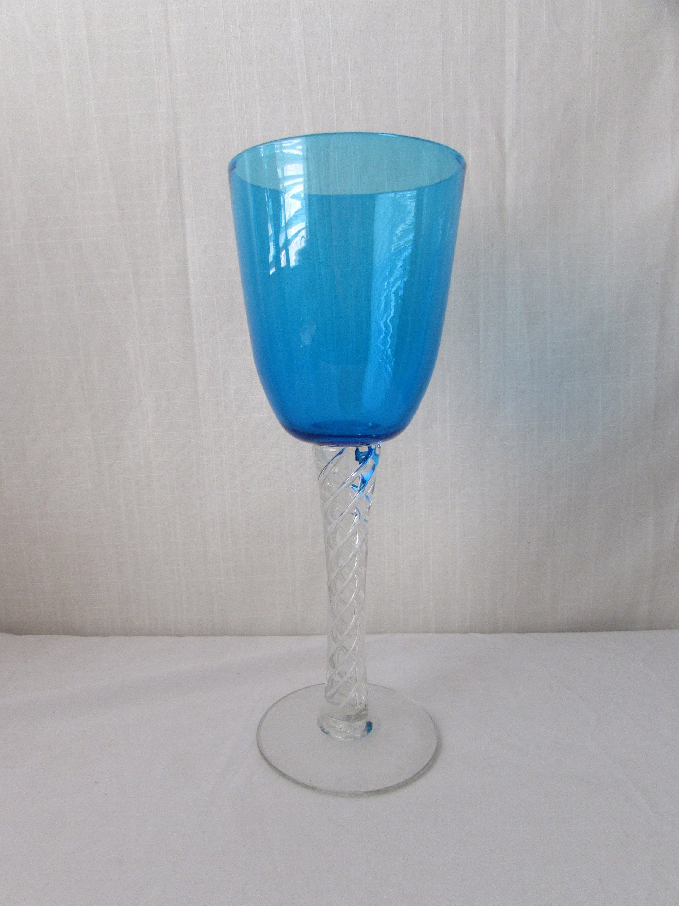 TALL TURQUOISE VASE Glass Hand Blown stem Mid Century decor