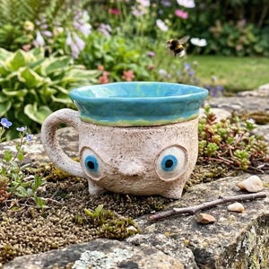 Handmade Silly Grin Ceramic Mug: Funny Face Coffee Cup or Planter