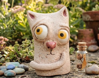 Handmade Ceramic Cat Figurine: Yellow Eyed Whimsical Sculpture
