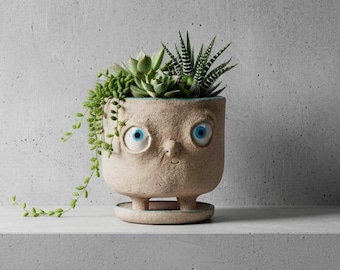 Whimsical Ceramic Face Planter with Saucer: Handmade Succulent Pot