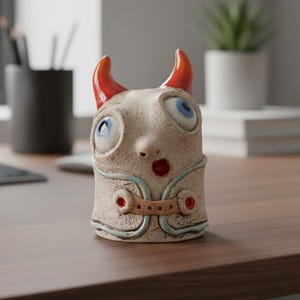 Handmade Ceramic Creature Sculpture, Red Horns, Desk Buddy