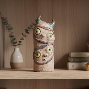 Two-Faced Ceramic Monster Sculpture: Whimsical Handmade Oddball Figurine