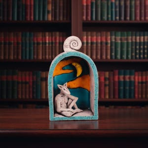 Surreal Ceramic Diorama, Whimsical Piesolud Dog-Human Figure in Moonlit Niche, Wall Art
