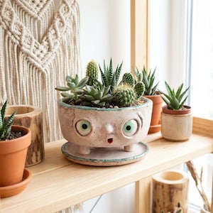 Green-Eyed Ceramic Planter – Subtle Smirk & Button Charm, Whimsical Handmade Pot