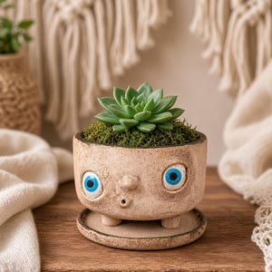 3本脚のセラミック製顔型植木鉢 - 受け皿付き手作り鉢、青い目