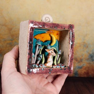 Handmade Ceramic Wall Diorama with Funny Fox, Grass, Mushrooms and Moon – Peaceful Unique Art for Shelf or Hanging (2367)