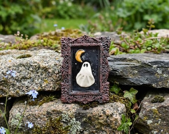 Miniature Framed Ceramic Ghost Sculpture: Spooky Halloween Wall Decor