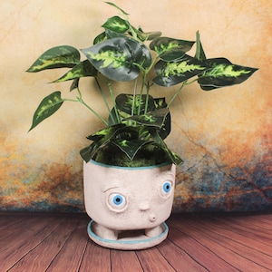 Handmade Ceramic Planter with Big Eyes: Three-Legged Face Pot & Saucer