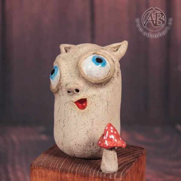 Funny ceramic character on the wooden block / Funny Ceramic Sculpture / Home Decor / Hand Made / Pottery / Gift / OOAK (1500)