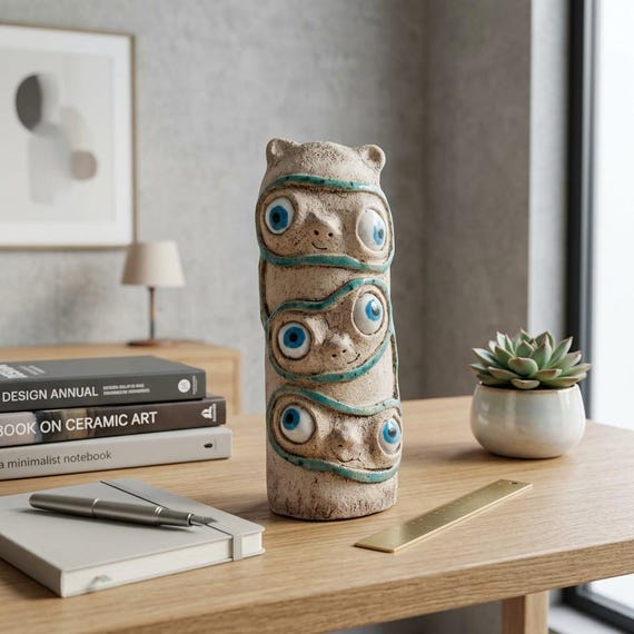 A hand-sculpted three-faced ceramic monster by a named artist — the kind of weird little creature that immediately becomes the focal point of any shelf or desk.