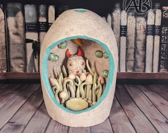 Diorama with a happy monster inside. So many mushrooms! Handmade Unique Gift. Ceramic sculpture, Home decor, candle holder  1809