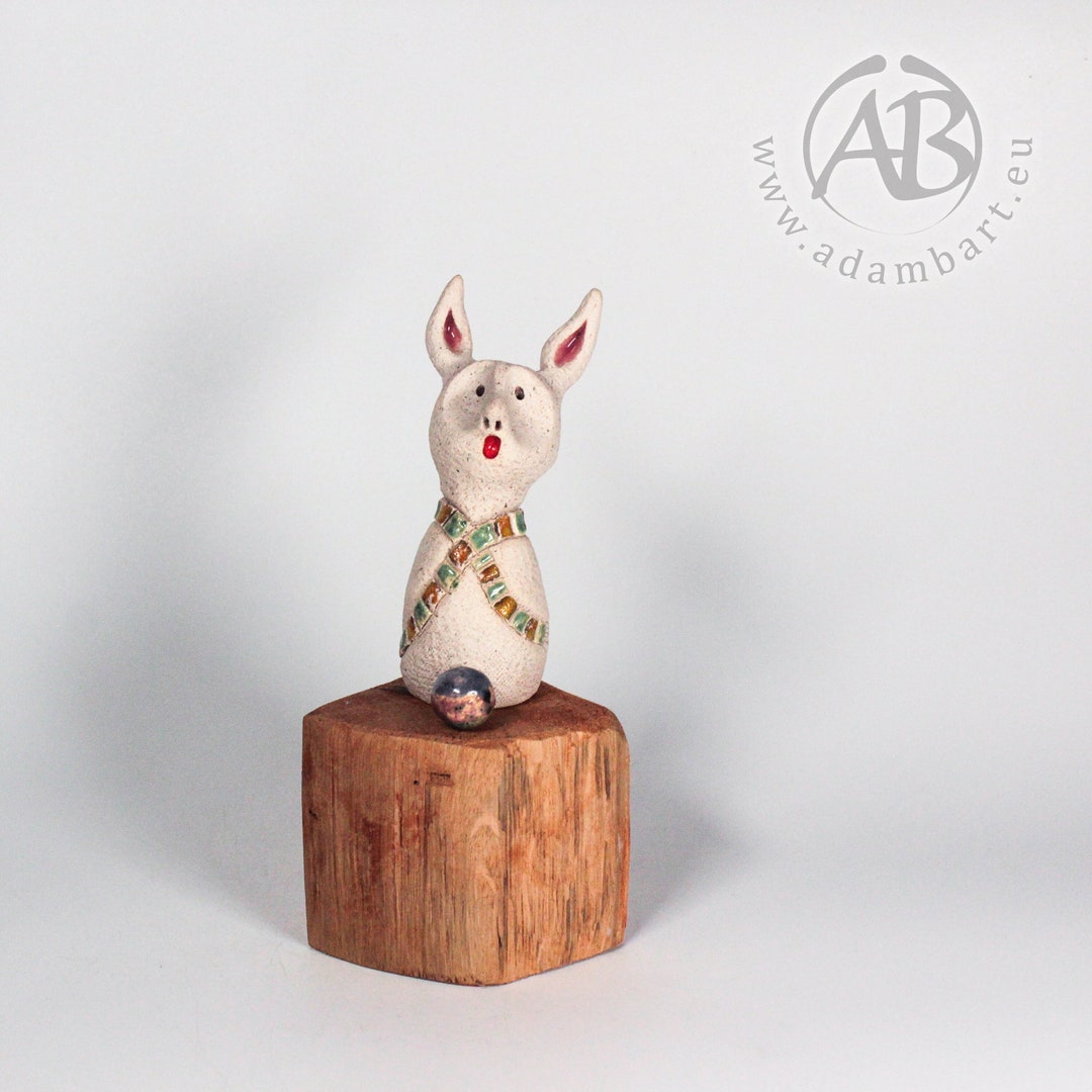 Funny Rabbit Character - Ceramic Figurine on Wooden Pedestal / Hand ...