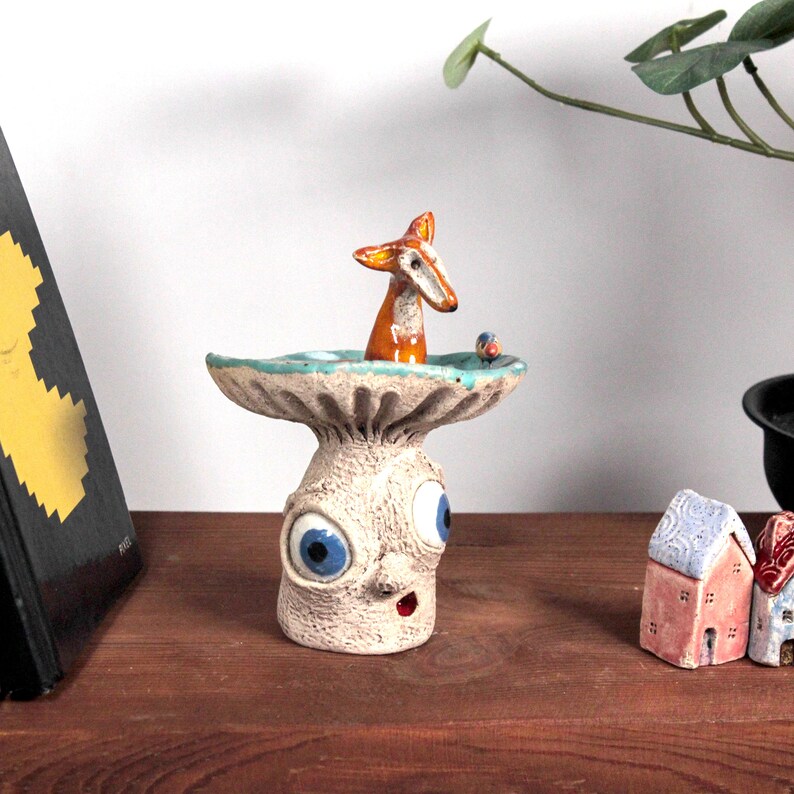 Quirky Ceramic Figurine A Cute Fox is Sitting on the Mushroom. Unique