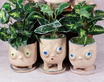 Handmade pot with large eyes - perfect home decor. Cute, quirky pot with a face - the perfect gift. Windowsill decoration, desk decor (2107)