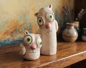 Handmade Ceramic Cat Pair: Whimsical Shelf Decor Sculpture