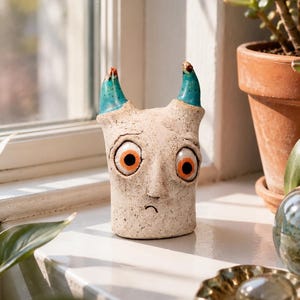 Hand-sculpted Ceramic Devil Figurine, Disappointed Monster Sculpture, Quirky Fantasy Art