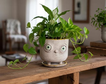 Maceta de cerámica hecha a mano con ojos grandes: una decoración original para el hogar
