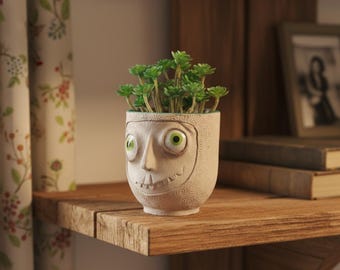 Hand Sculpted Funny Face Planter Pot, Quirky Desk Decor, Mug for Brushes