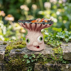 Handmade Ceramic Fox Figurine – Sleeping Fox on Mushroom, Whimsical Desk Decor