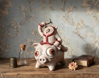 Handmade Ceramic Gnome Riding Pig Figurine: Whimsical Nostalgic
