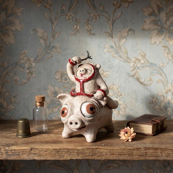 Handmade Ceramic Gnome Riding Pig Figurine: Whimsical Nostalgic