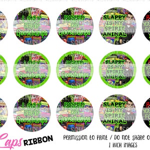 Puede incluir: Nueve toppers redondos para cupcakes de 2,5 cm de diámetro, imprimibles en verde y negro, con portadas de libros y personajes de la serie Goosebumps. El texto en los toppers incluye "Cuidado, estás en peligro", "Solo leo Goosebumps", "Criado con Goosebumps" y "Slappy es mi animal espiritual".