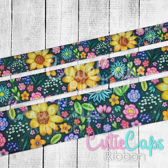 Sunflower Stitched Floral Ribbon 5/8, 7/8, 1.5in or 3in - 5yd