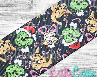 May include: Black and green Grinch, Cindy Lou Who, and Max the Dog Christmas ribbon. The ribbon features a repeating pattern of the characters on a black background with red and green candy canes.