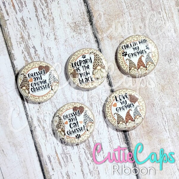 1 inch Flatback Buttons, Set of 5 images as pictured, Cheetah Gnome button, Leopard button, Cat Button