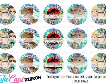 May include: Twelve 1-inch round cupcake toppers featuring a Jurassic Park theme. The toppers include images of dinosaurs, a Jurassic Park logo, and characters from the movie. The toppers are printed on a white background with a blue and green tropical leaf design.