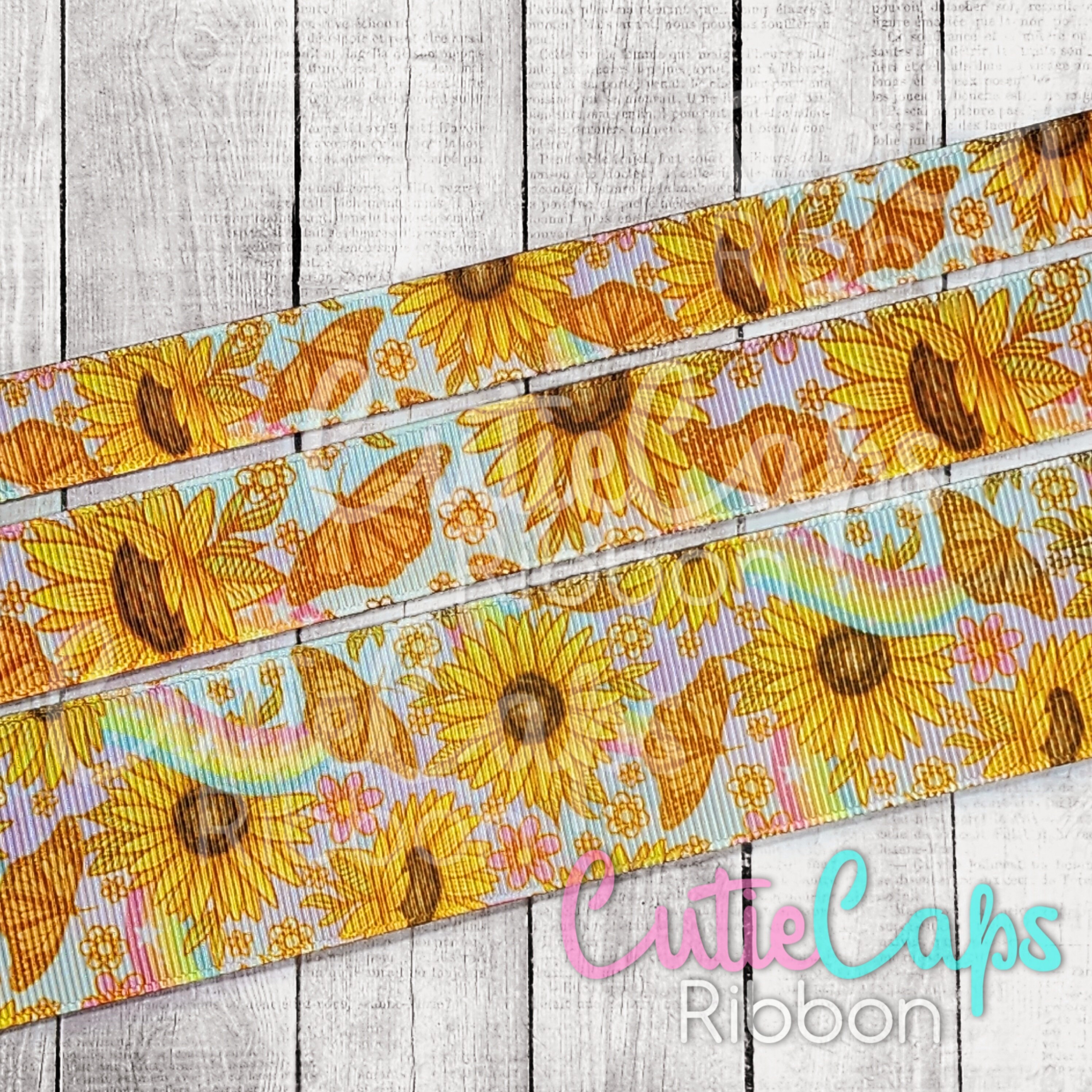 Sunflower Rainbow Floral Ribbon 5/8, 7/8, 1.5in or 3in - 5yd Rolls
