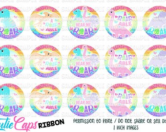 May include: Twelve 1-inch round printable stickers featuring a rainbow background with a dinosaur design. The stickers feature different dinosaur designs with the text "Roar", "Hear Me Roar", and "A Roar Able".