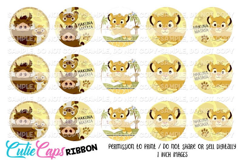 May include: Twelve 1-inch round printable cupcake toppers featuring characters from the Disney movie The Lion King. The toppers feature Simba, Pumbaa, and Timon. The text "Hakuna Matata" is included on some of the toppers.