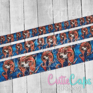 May include: Three rows of blue ribbon with a repeating pattern of a cartoon girl with red hair holding a knife. The background is a blue and white watercolor pattern.