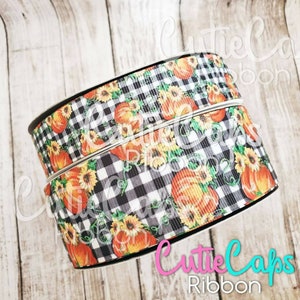 Pumpkins on white plaid Grosgrain ribbon 7/8, 1.5in, and 3in - 5 yards
