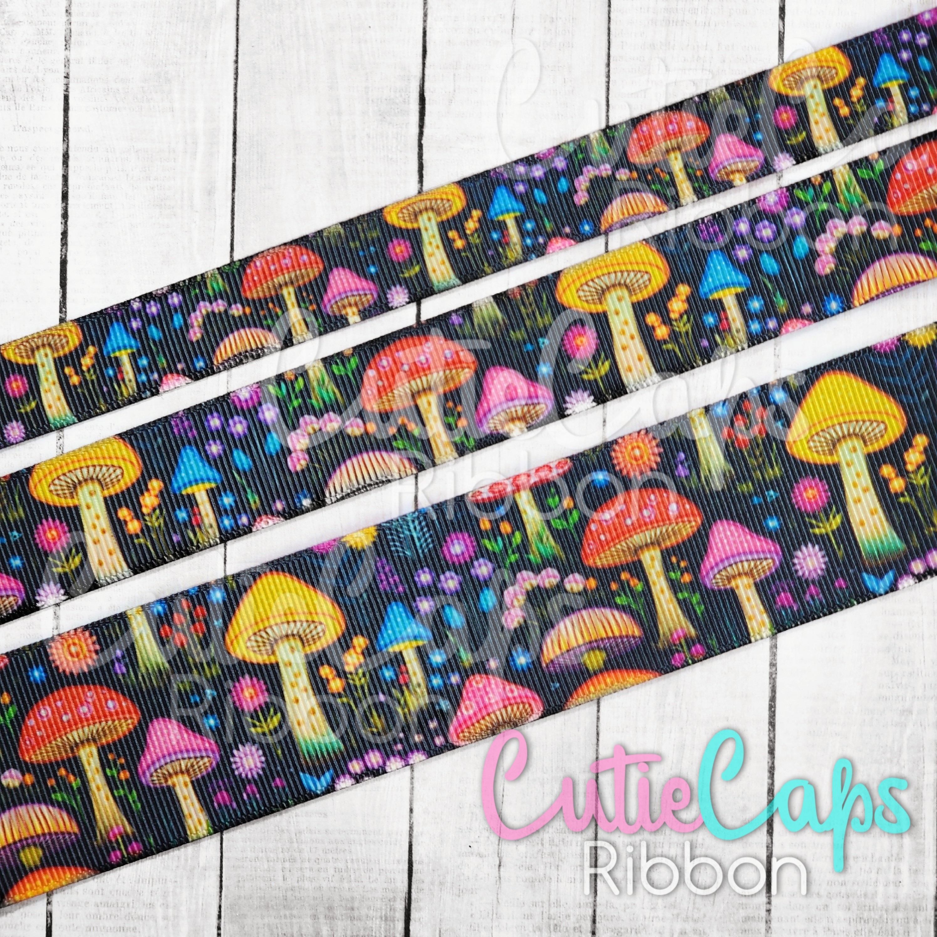 Mushrooms Ribbon by Sarah Watts - 5/8 Mushrooms Ribbon by Sarah Watts - 5/8