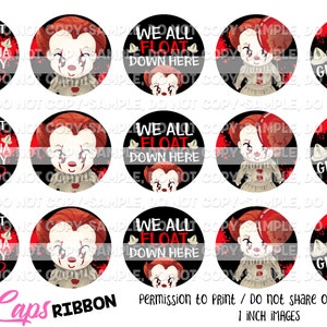 Könnte beinhalten: Zwölf runde Aufkleber mit einem Durchmesser von 2,5 cm, die einen Comic-Charakter mit roten Haaren und einem weißen und roten Clownskostüm zeigen. Die Aufkleber haben verschiedene Designs mit Text, der "Aren't you gonna say hello?", "We all float down here" und "Hiya Georgie" lautet.