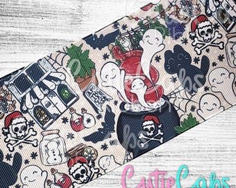 May include: Halloween-themed ribbon with ghosts, skulls, bats, and potion bottles. The design includes a haunted house, a black cat, and a cauldron. The ribbon has a beige background with a repeating pattern of spooky elements.