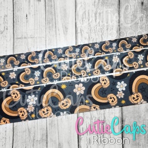U.s. Designer Boho Pumpkin Rainbow Floral Halloween Grosgrain Ribbon, size 5/8, 7/8, or 1.5in - 5 yards